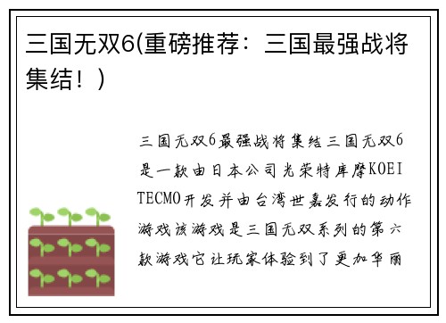 三国无双6(重磅推荐：三国最强战将集结！)